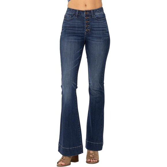 Judy Blue Denim - Judy Blue Womens High-Rise 5 Button Fly Wide Leg Trouser Flare Jeans Size 14W
